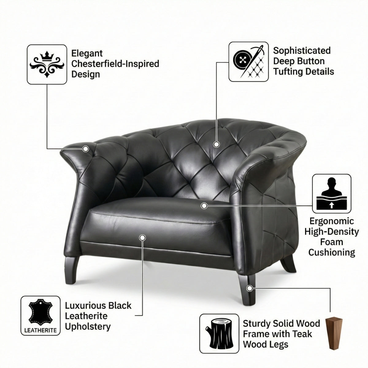 Regal Black Leatherite Tufted Single Seater