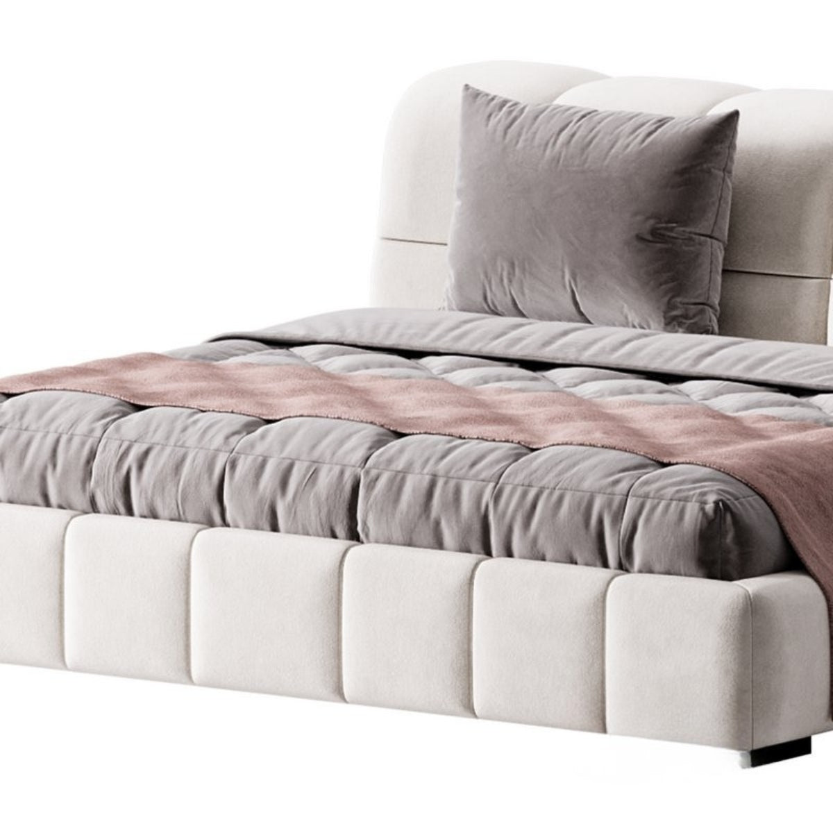 Gray upholstered bed with a striped blanket and pillow on a white background