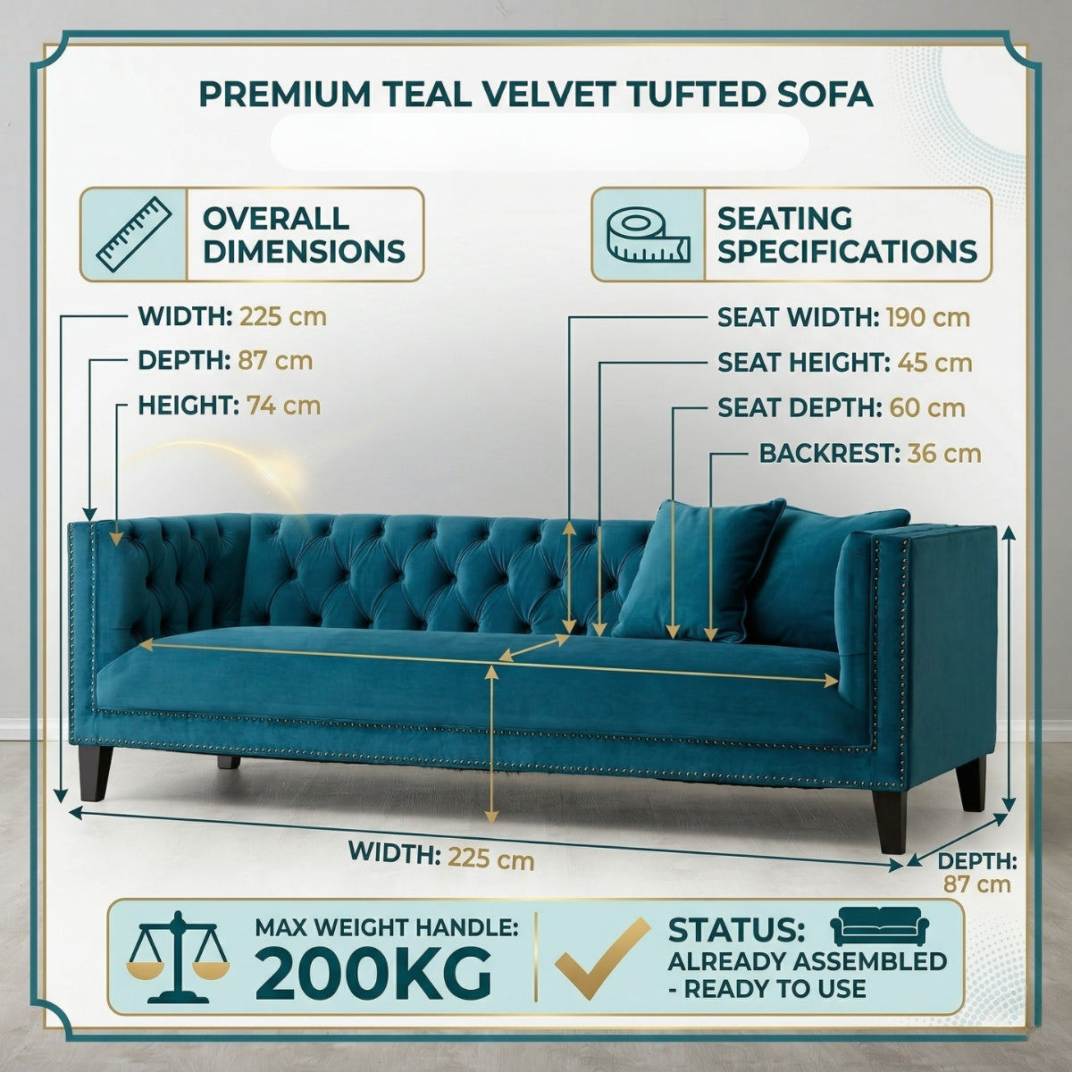 Vogue Luxury Velvet 3-Seater Sofa