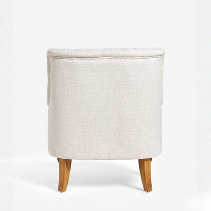 Beige ottoman with wooden legs on a white background