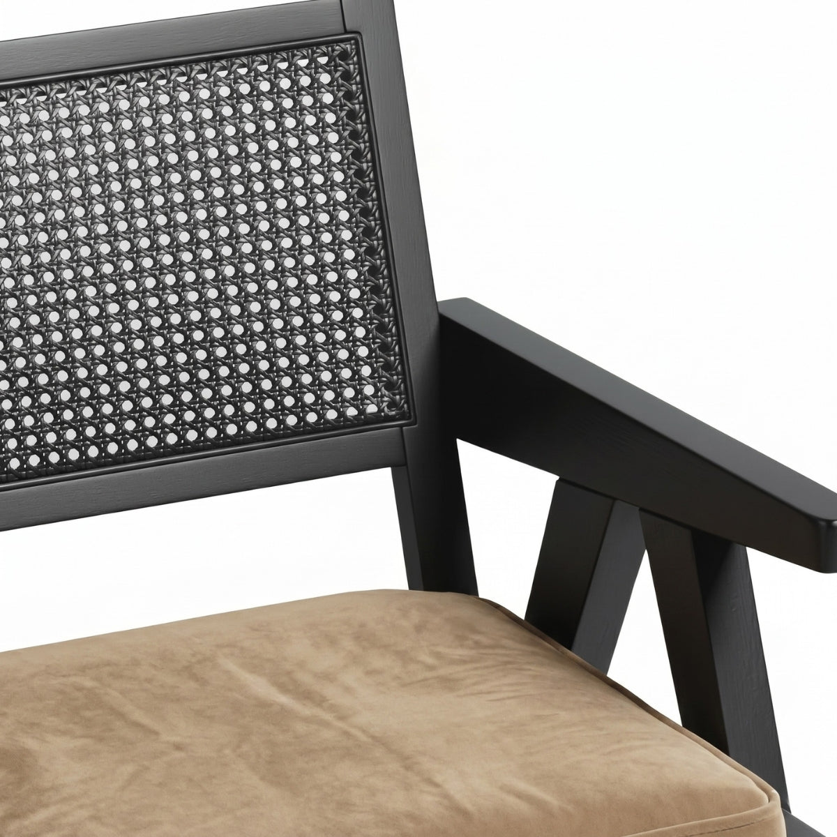 Close-up of a chair with woven backrest and beige cushion on a white background