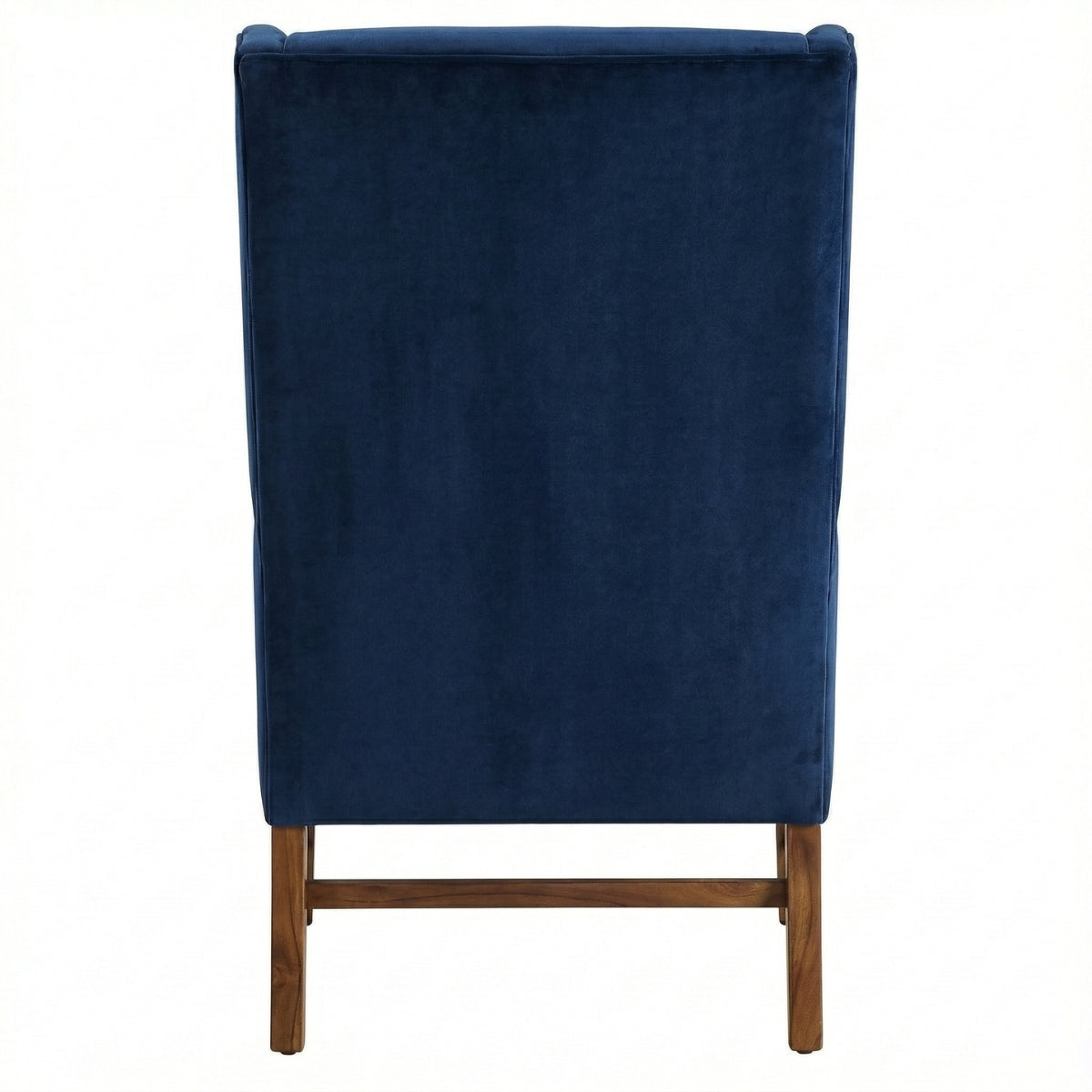 Blue velvet chair with wooden legs on a white background
