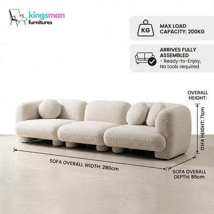 Beige sofa with dimensions and load capacity information on a white background, featuring the Kingsman Furnitures brand.