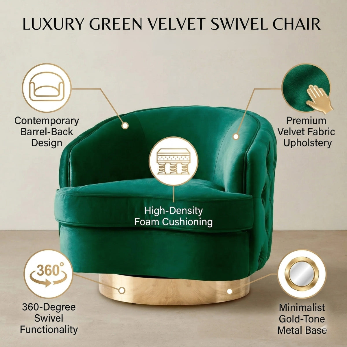 Green velvet swivel chair with features highlighted on a beige background