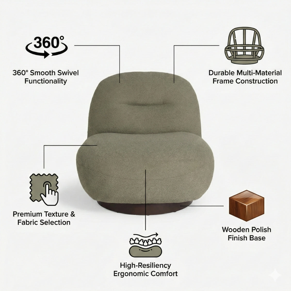 Otis Swivel 360° Luxury Accent Chair - Mid-Century Modern Bouclé Lounge Chair | Kingsman Furnitures India