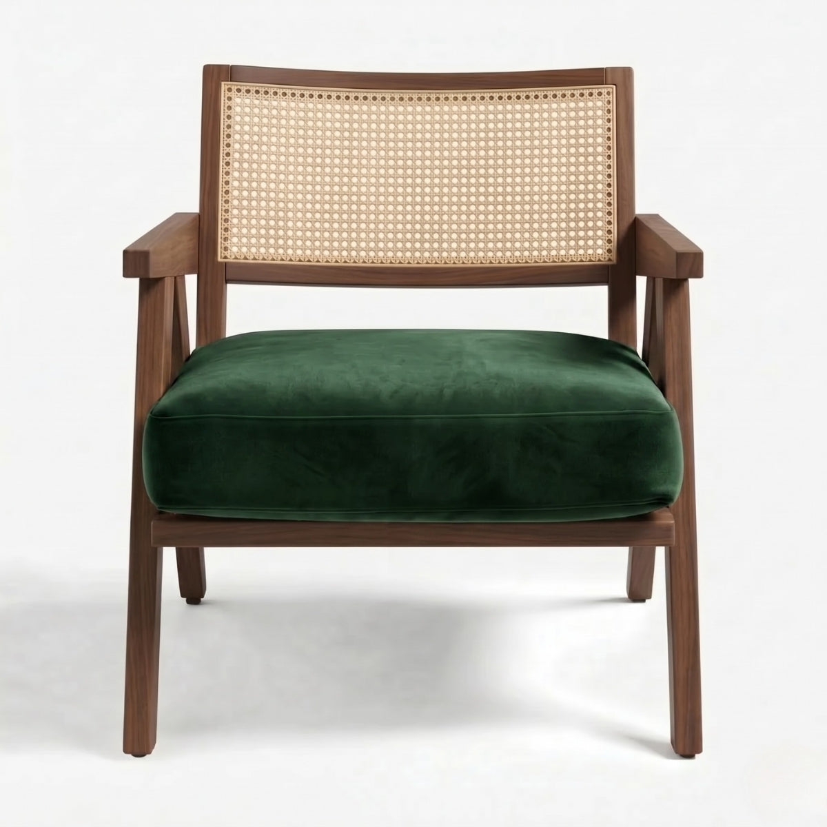 Chair with wooden frame and green cushion on a white background