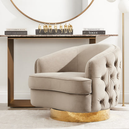 Beige armchair with gold base in a stylish interior setting