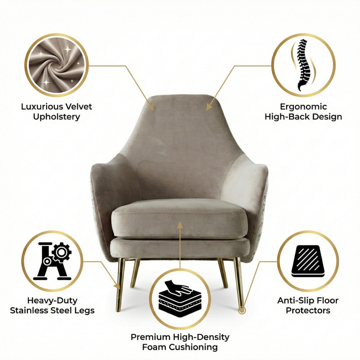 Anaya Luxury Velvet Armchair with Stainless Steel Legs | Modern Accent Chair for Living Room, Bedroom & Office | Ergonomic Soft Fabric Lounge Chair | Kingsman Furnitures India