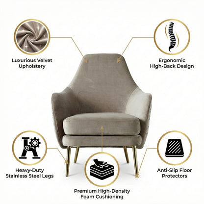 Anaya Luxury Velvet Armchair with Stainless Steel Legs | Modern Accent Chair for Living Room, Bedroom & Office | Ergonomic Soft Fabric Lounge Chair | Kingsman Furnitures India