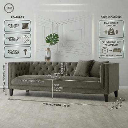 Vogue Luxury Velvet 3-Seater Sofa