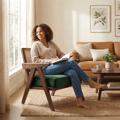 Woman sitting in a chair reading a book in a cozy living room.