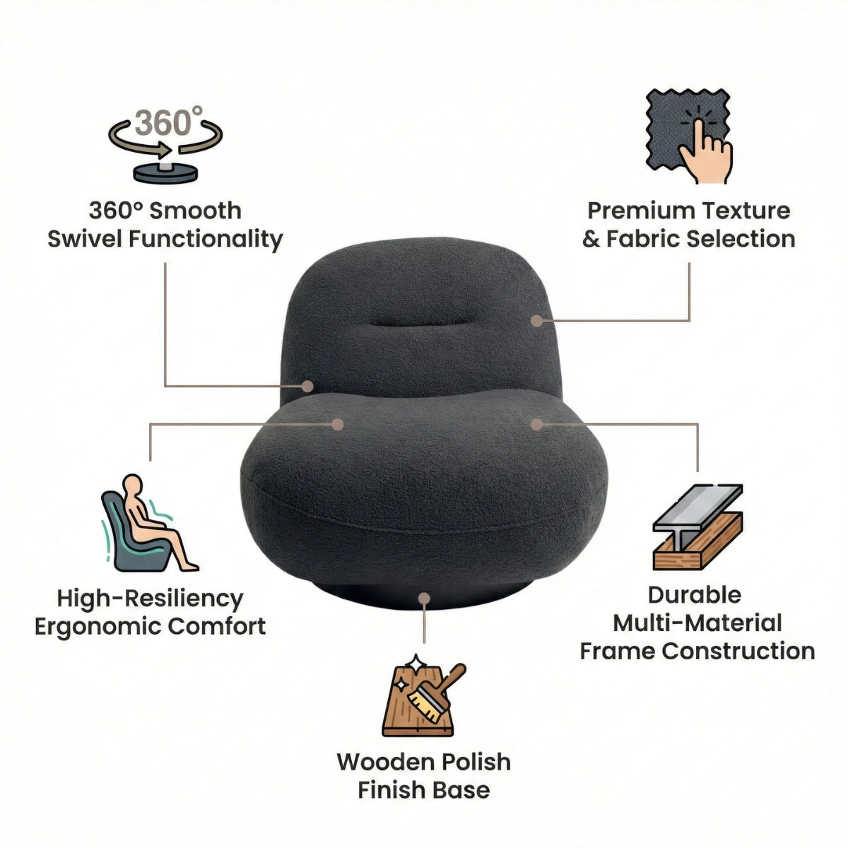 Otis Swivel 360° Luxury Accent Chair - Mid-Century Modern Bouclé Lounge Chair | Kingsman Furnitures India