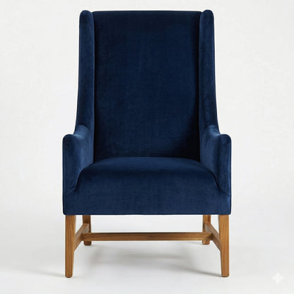 Blue wingback chair with wooden legs on a white background