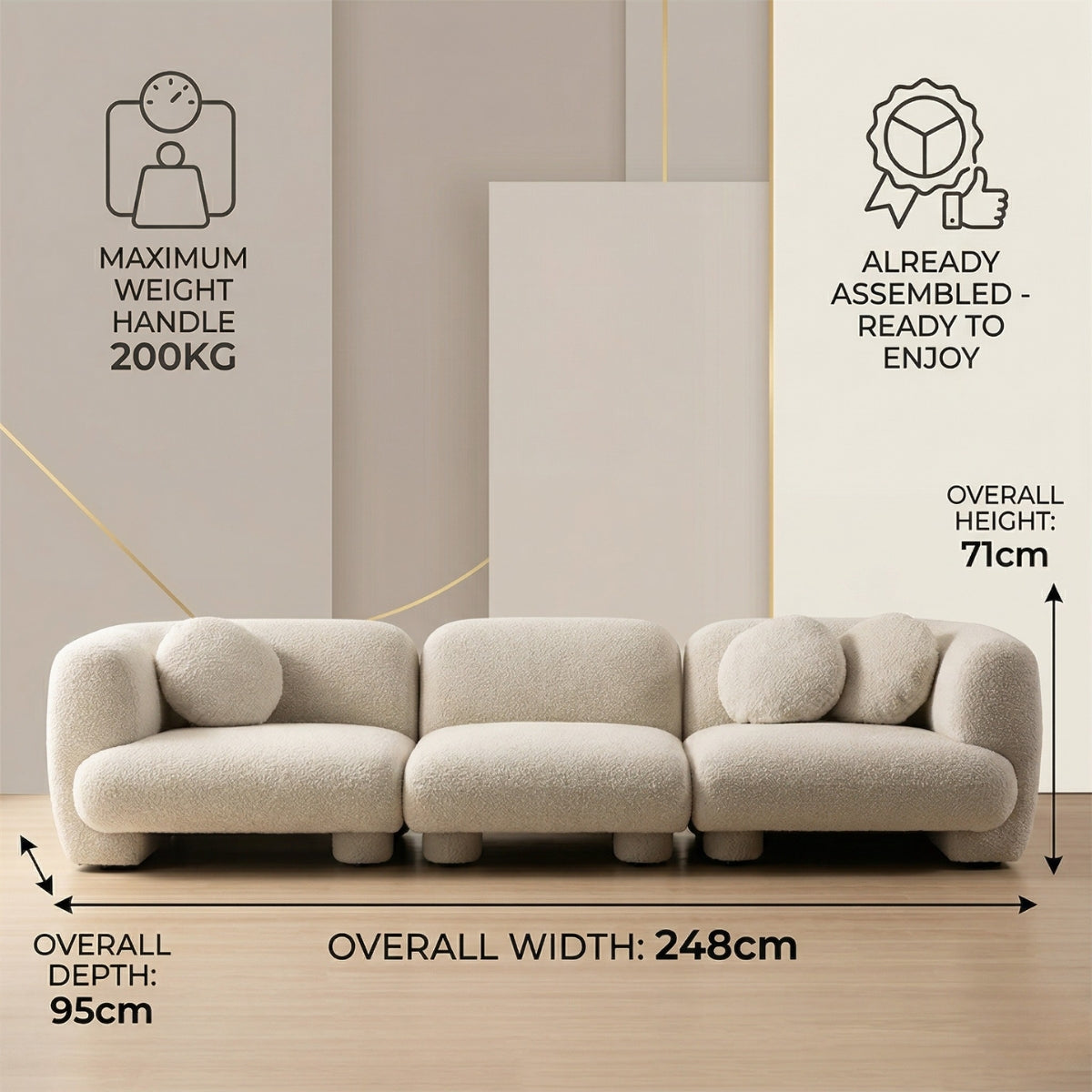 Beige sectional sofa with dimensions and assembly information on a neutral background