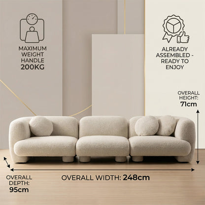 Beige sectional sofa with dimensions and assembly information on a neutral background