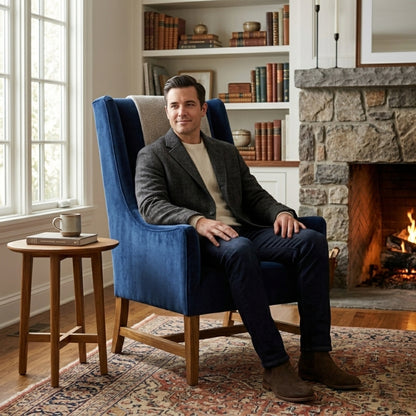 Man sitting in a blue armchair in a cozy living room with a fireplace.