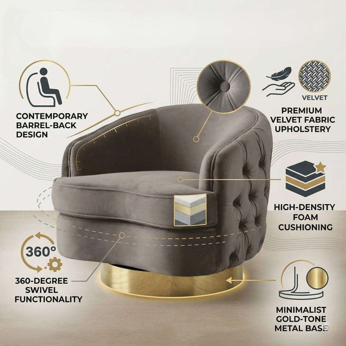 Gray armchair with features highlighted on a white background