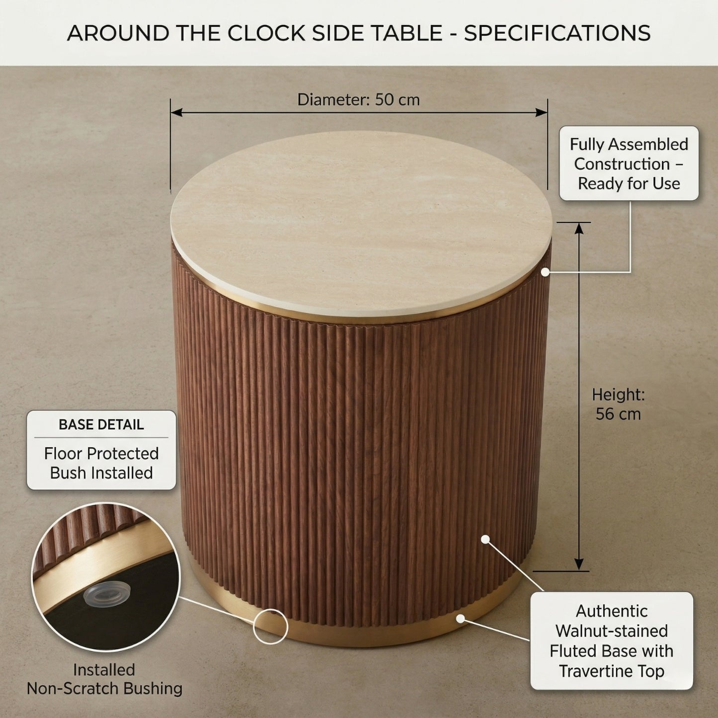 Wooden side table with specifications on a beige background