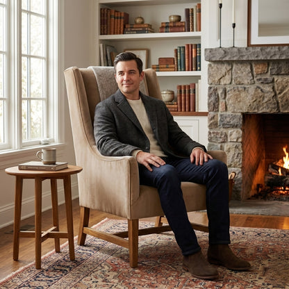 Man sitting in a chair by a fireplace in a cozy living room.