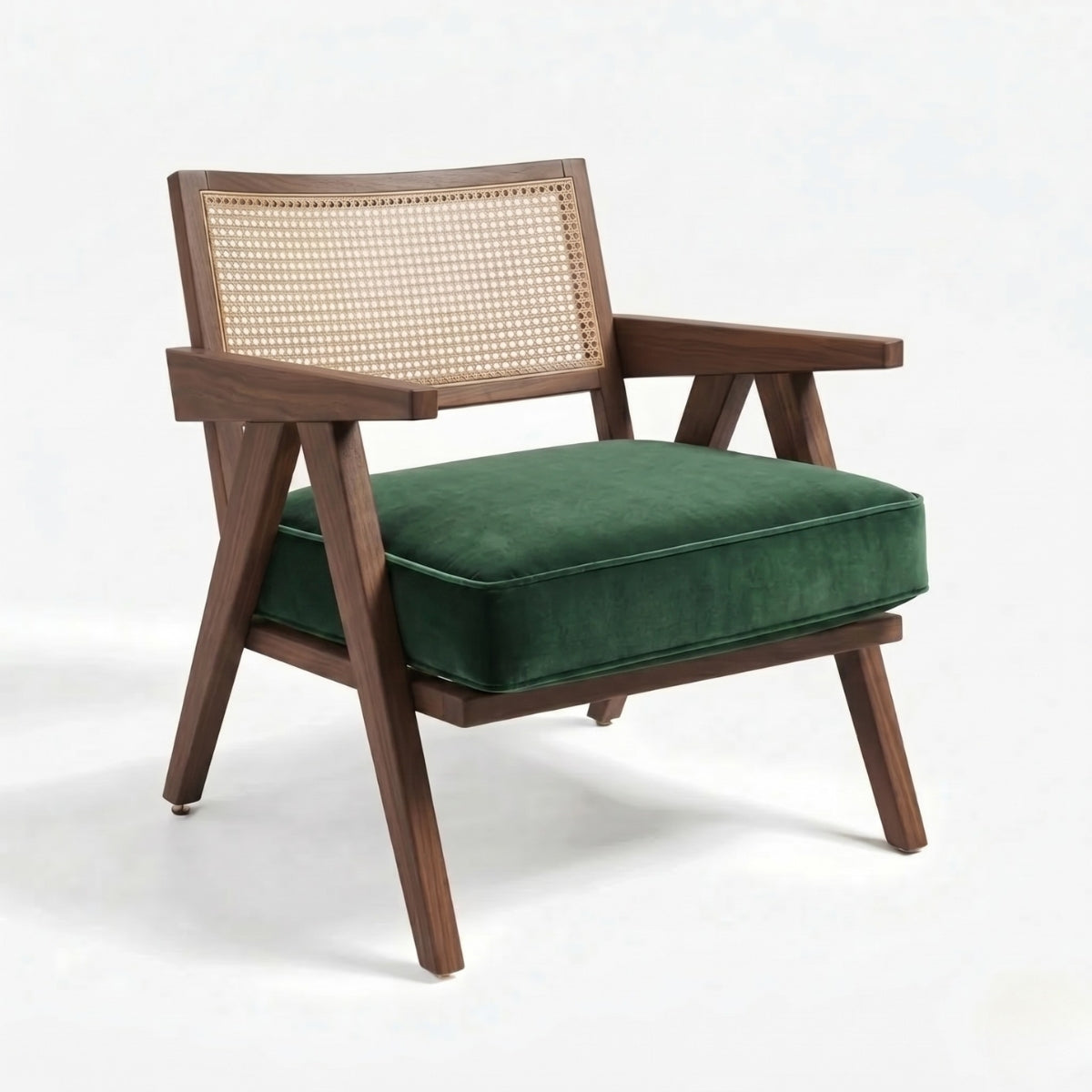 Chair with green cushion and wooden frame on a white background