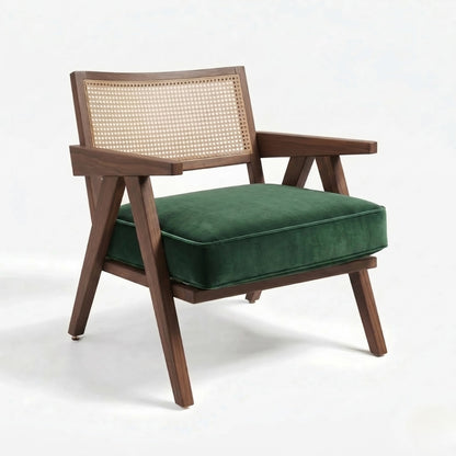 Chair with green cushion and wooden frame on a white background