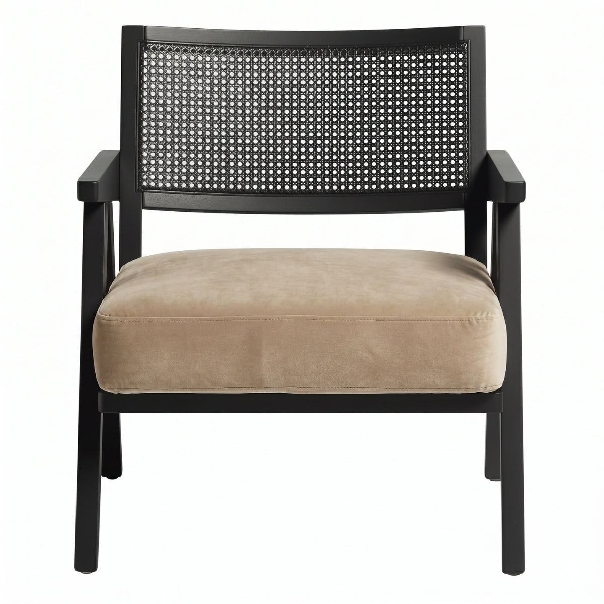 Chair with black woven backrest and beige cushion on a white background