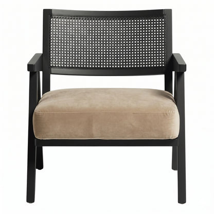 Chair with black woven backrest and beige cushion on a white background