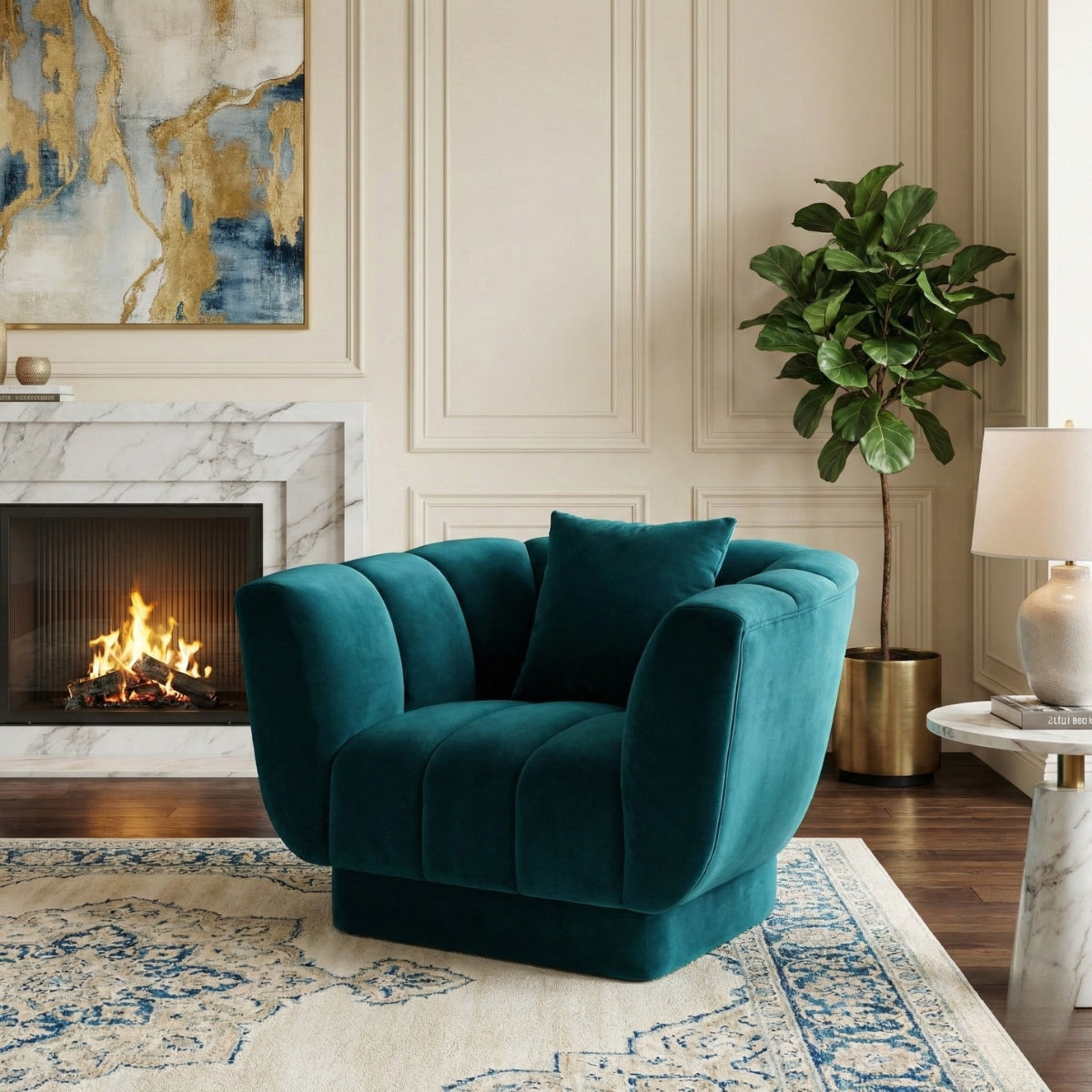 Teal armchair in a stylish living room with a fireplace and decorative elements.