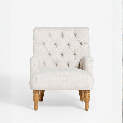 Beige upholstered chair with wooden legs on a white background