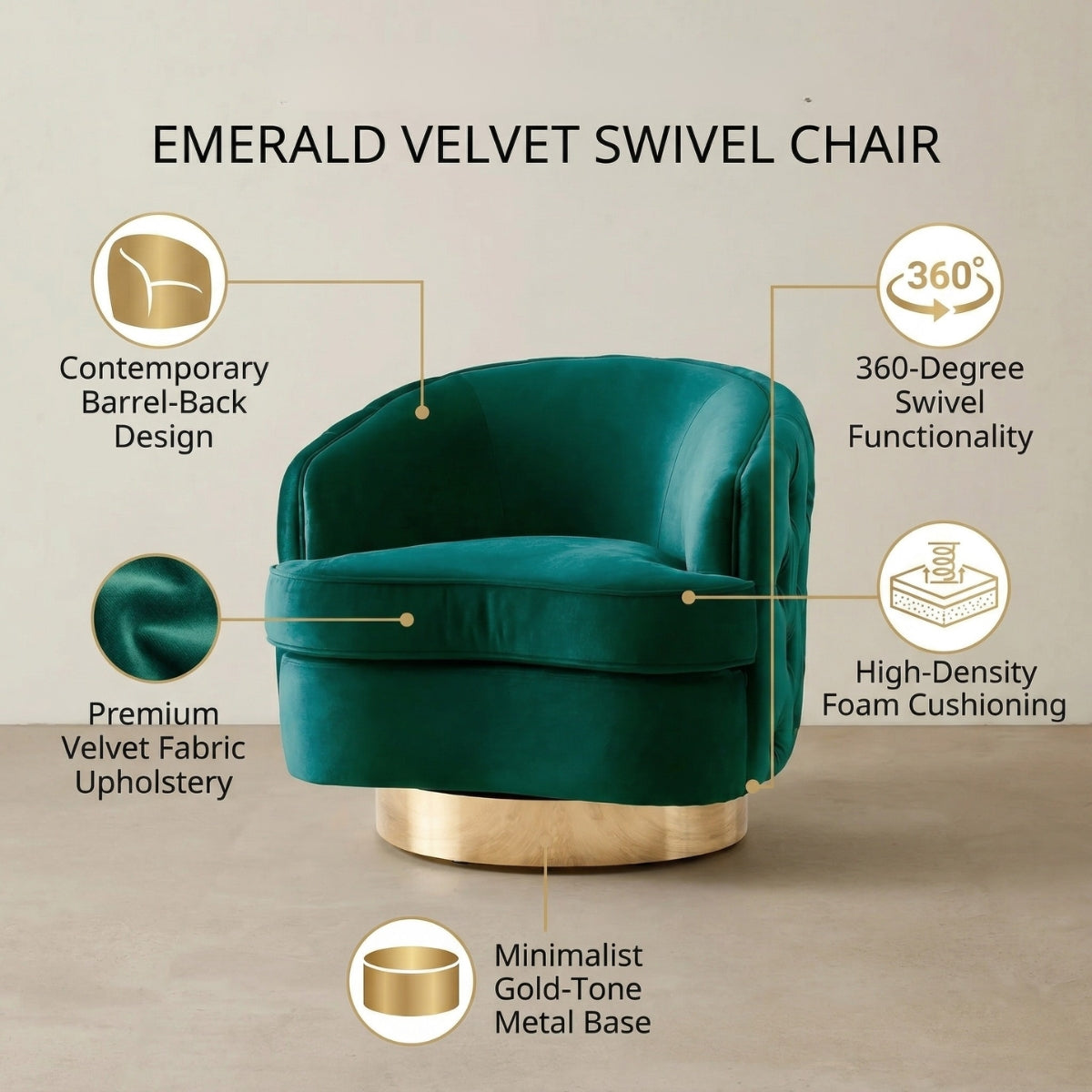 Emerald velvet swivel chair with features highlighted on a beige background