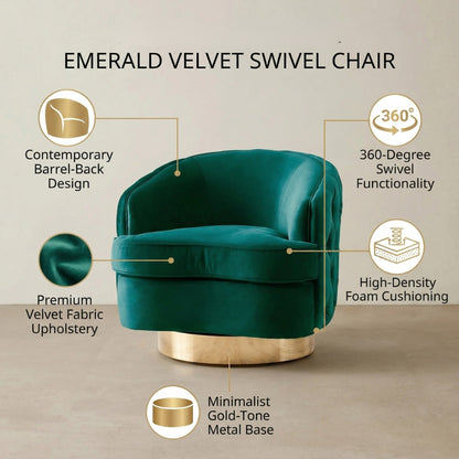 Emerald velvet swivel chair with features highlighted on a beige background