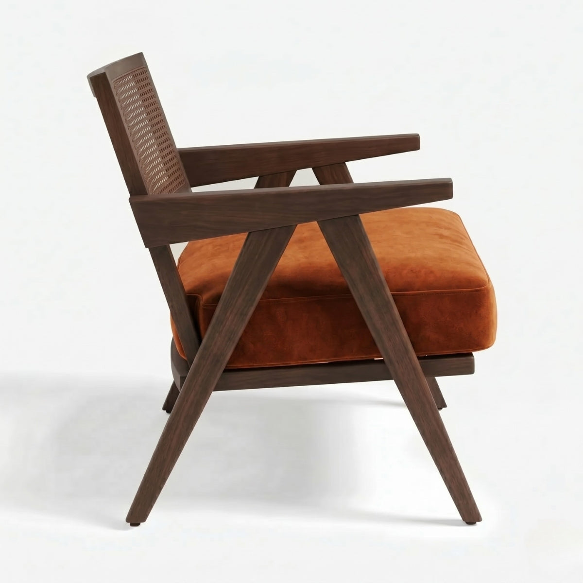 Brown armchair with wooden frame on a white background