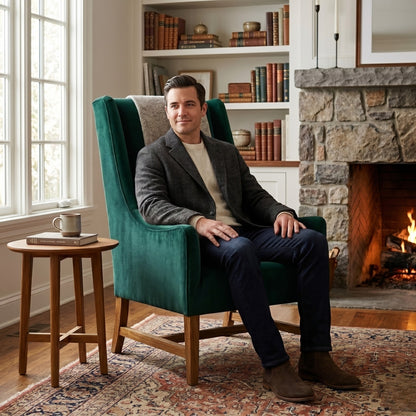 Man sitting in a green armchair in a cozy living room with a fireplace.