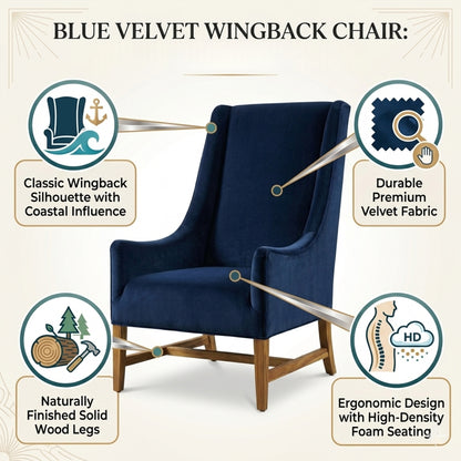Blue velvet wingback chair with features highlighted on a beige background