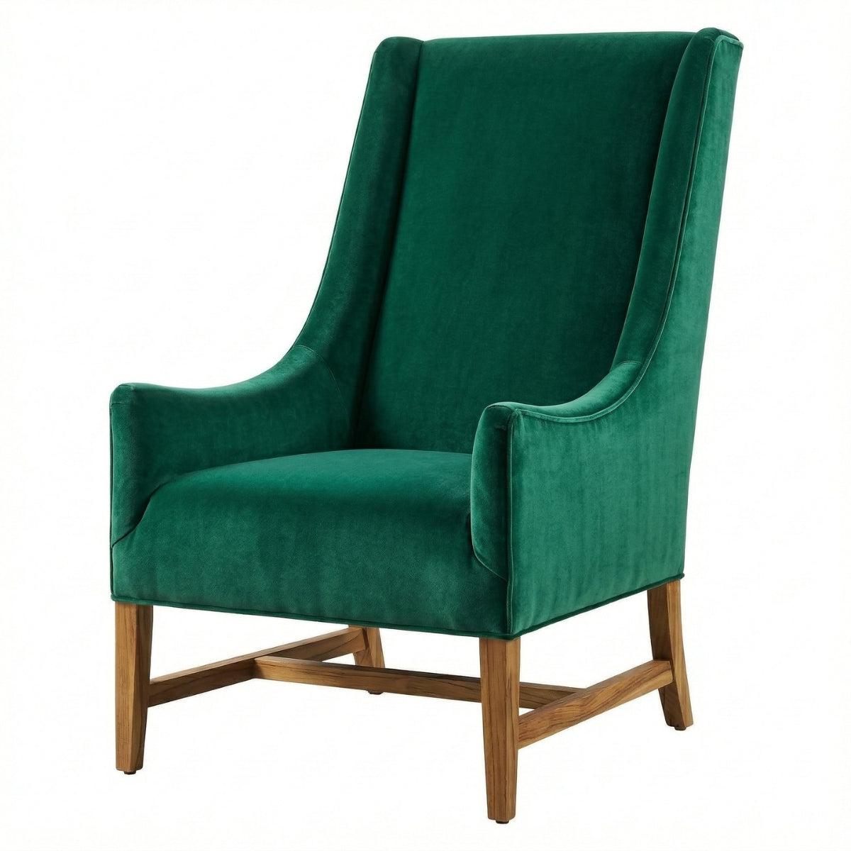 Green velvet armchair with wooden legs on a white background