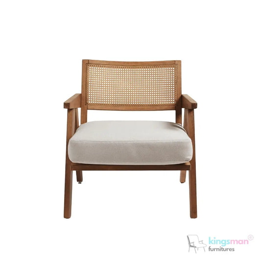 Abel Accent Chair - Tweed Linen & Boucle, Teak Wood, Rattan Back, Removable Cushion, Modern Rustic Comfort Kingsman Furnitures