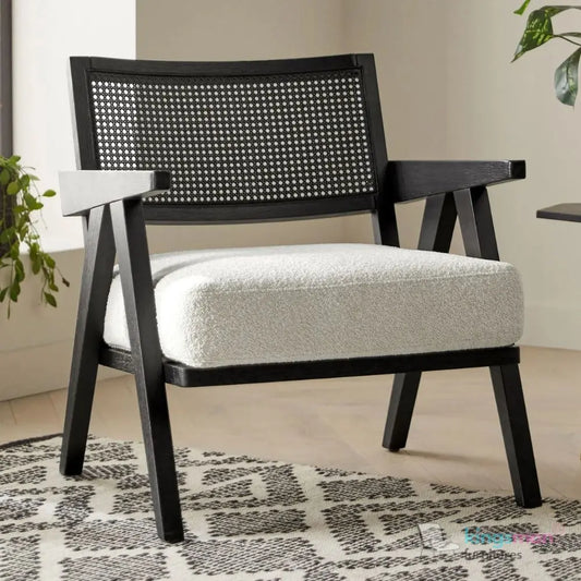 Abel Accent Chair - Tweed Linen & Boucle, Teak Wood, Rattan Back, Removable Cushion, Modern Rustic Comfort Kingsman Furnitures