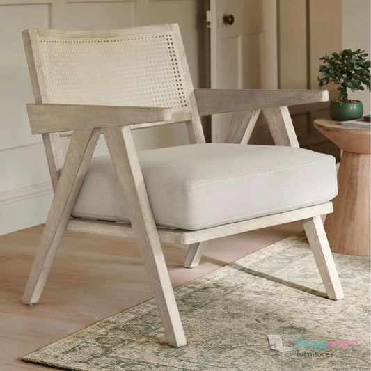 Abel Accent Chair - Tweed Linen & Boucle, Teak Wood, Rattan Back, Removable Cushion, Modern Rustic Comfort Kingsman Furnitures