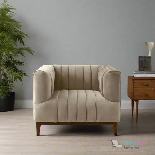 Asfor Velvet Armchair – Modern Channel-Stitched Design with Teak Legs and Brass Caps Kingsman Furnitures