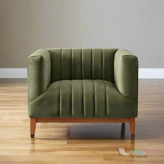 Asfor Velvet Armchair – Modern Channel-Stitched Design with Teak Legs and Brass Caps Kingsman Furnitures