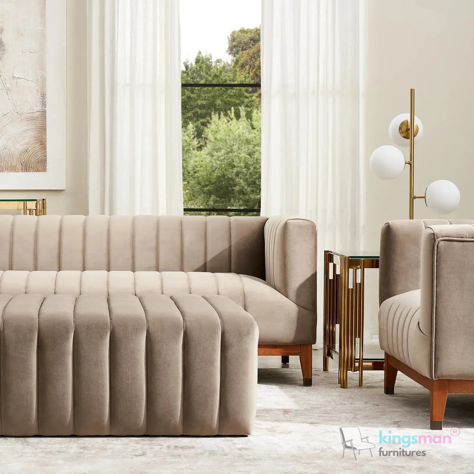 Asfor Velvet Armchair – Modern Channel-Stitched Design with Teak Legs and Brass Caps Kingsman Furnitures