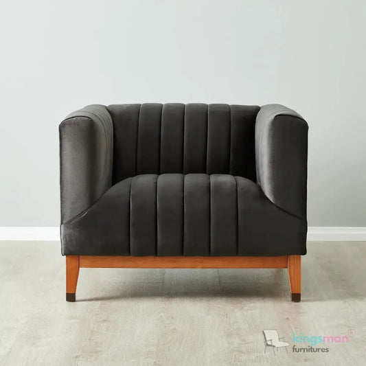 Asfor Velvet Armchair – Modern Channel-Stitched Design with Teak Legs and Brass Caps Kingsman Furnitures