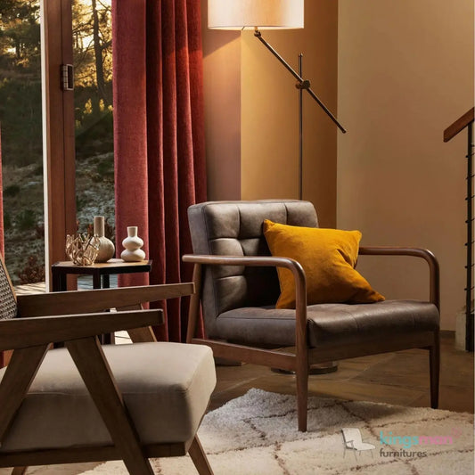 Benett Armchair - Teak Wood Frame with Light Grey Bouclé & Dark Grey Leatherite Upholstery Kingsman Furnitures