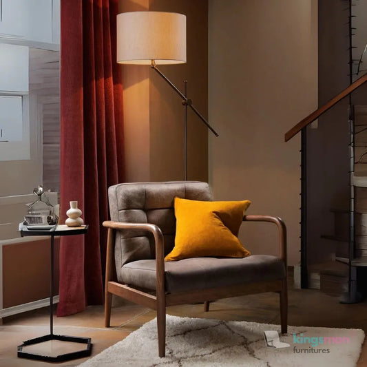 Benett Armchair - Teak Wood Frame with Light Grey Bouclé & Dark Grey Leatherite Upholstery Kingsman Furnitures