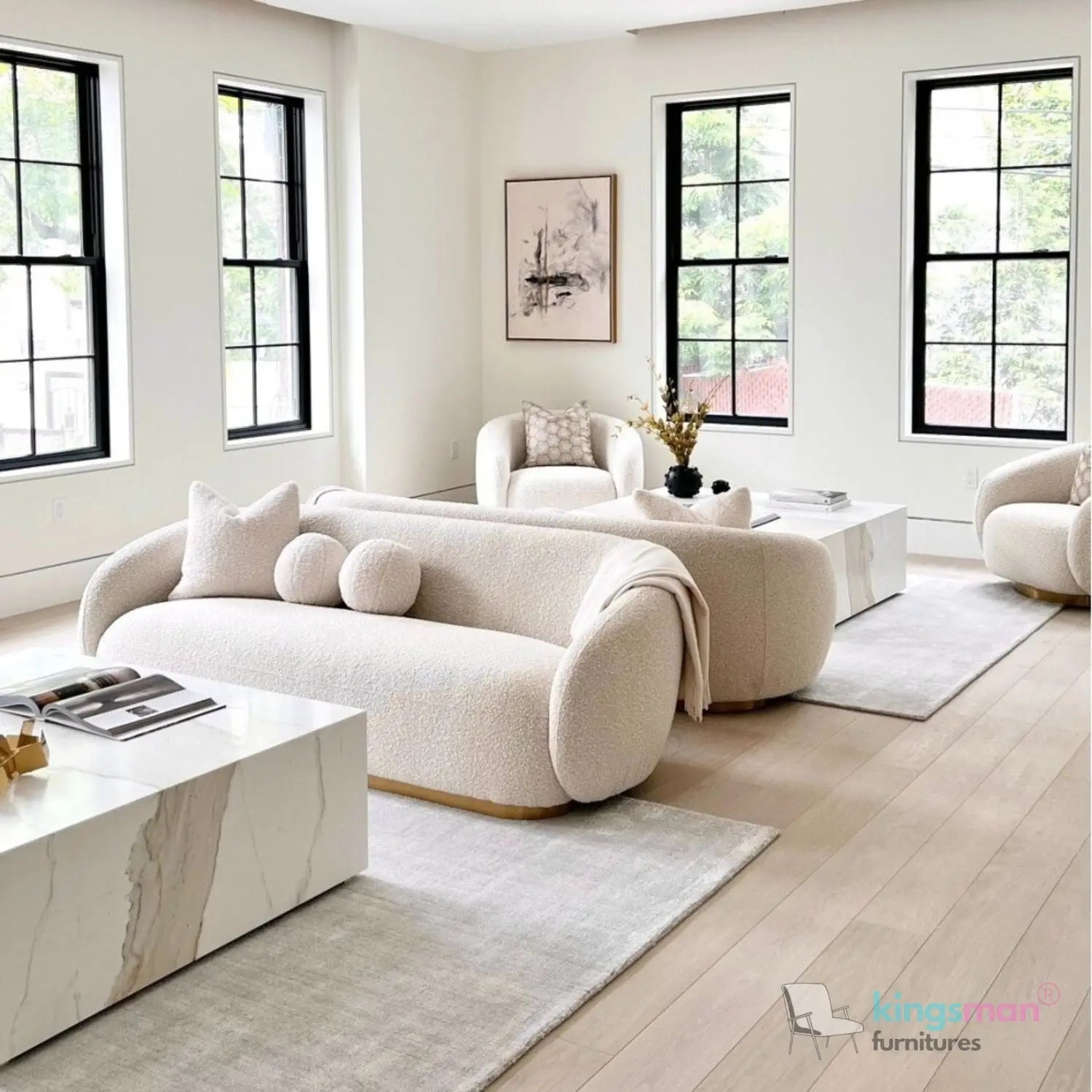 Brok 3-Seater Sofa – Mid-Century Luxe with Bouclé Upholstery & Brushed Brass Base | Ultimate Comfort & Elegance Kingsman Furnitures