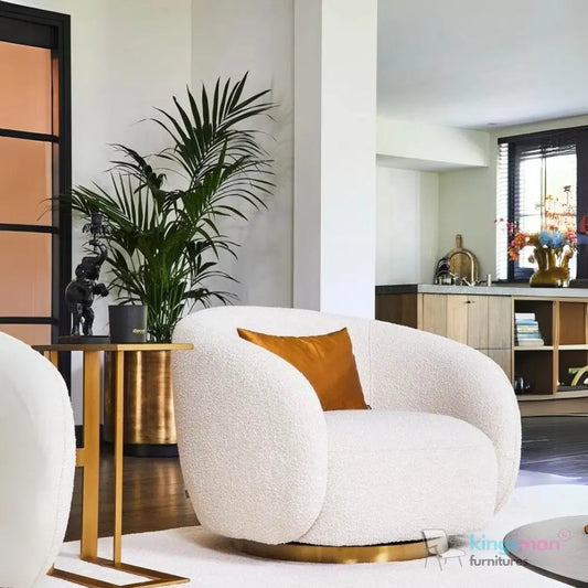 Brok 360° Swivel Chair - Ivory Boucle Fabric, Brass Base, Modern Elegant Design, Cozy Comfort Kingsman Furnitures