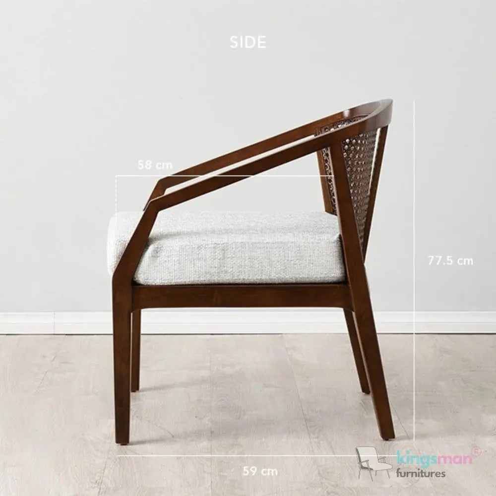 Casani Mid-Century Cane Back Chair – Textured Linen Seat with Natural Rattan and Teak Wood Frame Kingsman Furnitures
