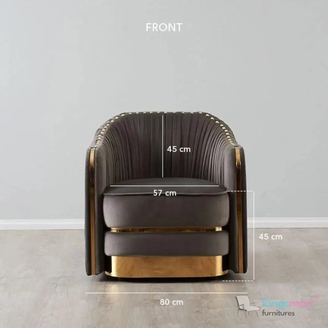 Clare Grey Velvet Lounge Chair – Art Deco Luxury with Gold-Plated SS Legs and High-Density Foam Kingsman Furnitures
