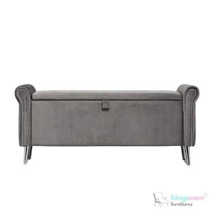 Dev Storage Ottoman - Upholstered Ottoman with Scrolled Arms, Mirrored Feet, and Deep Storage | Bedroom or Living Room Furniture Kingsman Furnitures