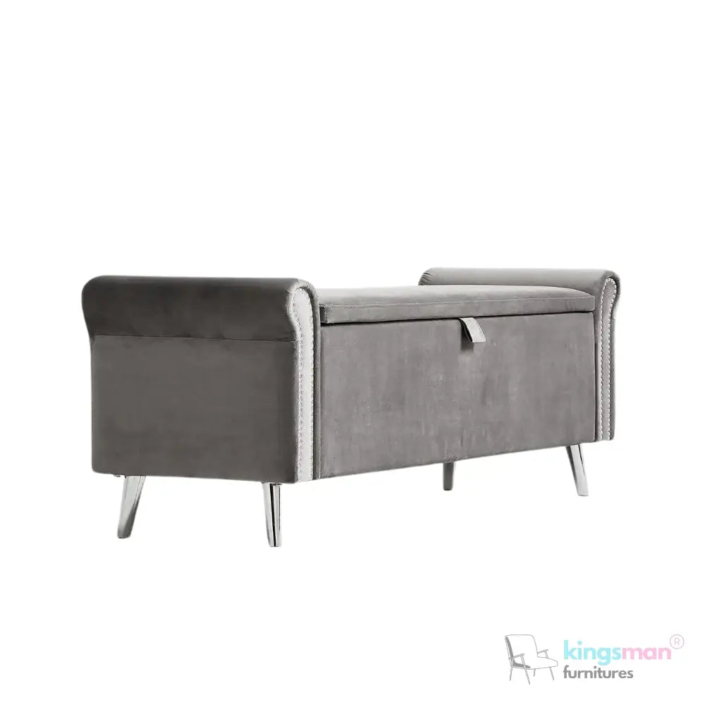 Dev Storage Ottoman - Upholstered Ottoman with Scrolled Arms, Mirrored Feet, and Deep Storage | Bedroom or Living Room Furniture Kingsman Furnitures
